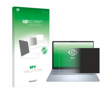Parte frontal de un envase de producto con el logotipo de la marca upscreen. Al lado se muestra el dispositivo Dell 16 Plus La