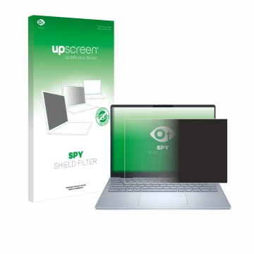 Parte frontal de un envase de producto con el logotipo de la marca upscreen. Al lado se muestra el dispositivo Dell 14 Plus La