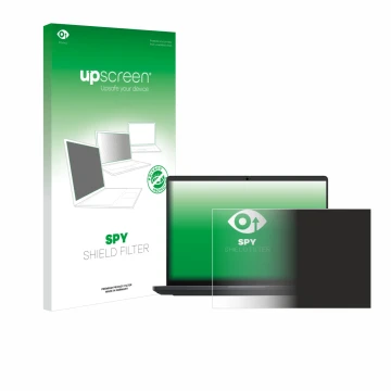 Parte frontal de un envase de producto con el logotipo de la marca upscreen. Al lado se muestra el dispositivo Dell Pro Max 16
