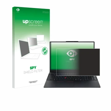 Parte frontal de un envase de producto con el logotipo de la marca upscreen. Al lado se muestra el dispositivo Lenovo ThinkPad