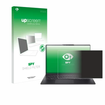 Parte frontal de un envase de producto con el logotipo de la marca upscreen. Al lado se muestra el dispositivo Acer Swift 16 A