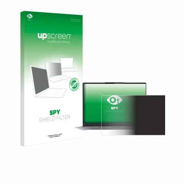 Parte frontal de un envase de producto con el logotipo de la marca upscreen. Al lado se muestra el dispositivo Lenovo ThinkBoo