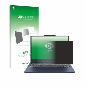Parte frontal de un envase de producto con el logotipo de la marca upscreen. Al lado se muestra el dispositivo Lenovo IdeaPad 