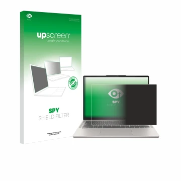 Parte frontal de un envase de producto con el logotipo de la marca upscreen. Al lado se muestra el dispositivo Lenovo Chromebo