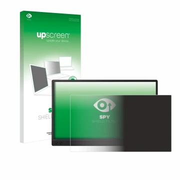 Parte frontal de un envase de producto con el logotipo de la marca upscreen. Al lado se muestra el dispositivo ASUS ZenScreen 