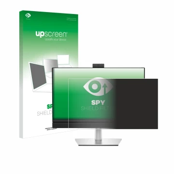 Parte frontal de un envase de producto con el logotipo de la marca upscreen. Al lado se muestra el dispositivo Dell Pro 24 All