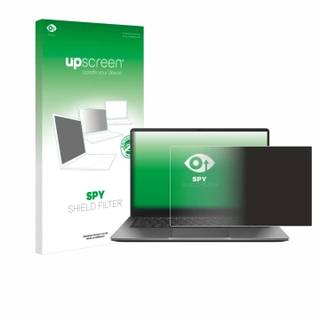 Parte frontal de un envase de producto con el logotipo de la marca upscreen. Al lado se muestra el dispositivo ASUS Chromebook