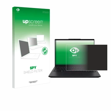 Parte frontal de un envase de producto con el logotipo de la marca upscreen. Al lado se muestra el dispositivo Lenovo ThinkPad
