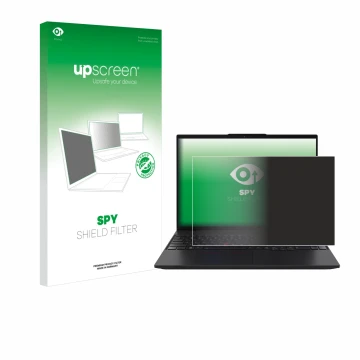Parte frontal de un envase de producto con el logotipo de la marca upscreen. Al lado se muestra el dispositivo Lenovo ThinkPad