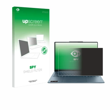 Parte frontal de un envase de producto con el logotipo de la marca upscreen. Al lado se muestra el dispositivo Lenovo Yoga Sli