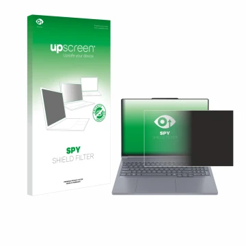 Parte frontal de un envase de producto con el logotipo de la marca upscreen. Al lado se muestra el dispositivo Lenovo ThinkBoo