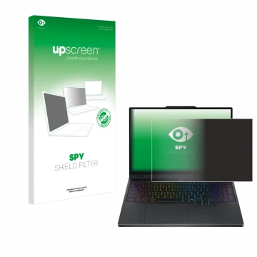 Parte frontal de un envase de producto con el logotipo de la marca upscreen. Al lado se muestra el dispositivo Lenovo Legion 5