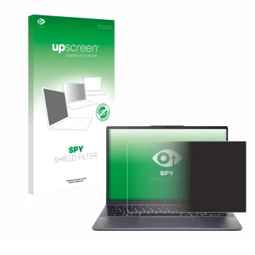 Parte frontal de un envase de producto con el logotipo de la marca upscreen. Al lado se muestra el dispositivo Acer Swift Go 1