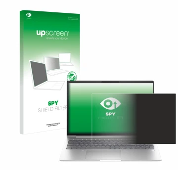 Parte frontal de un envase de producto con el logotipo de la marca upscreen. Al lado se muestra el dispositivo HP EliteBook 6 