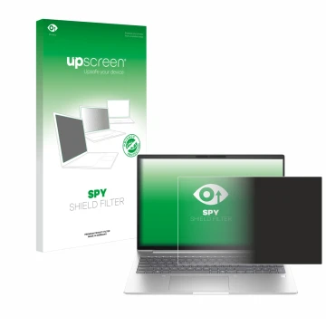 Parte frontal de un envase de producto con el logotipo de la marca upscreen. Al lado se muestra el dispositivo HP EliteBook 6 