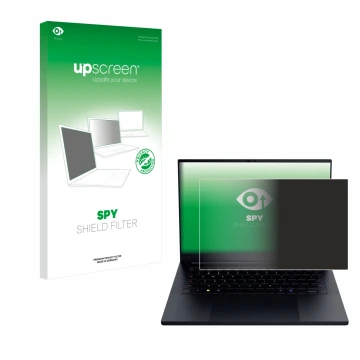 Parte frontal de un envase de producto con el logotipo de la marca upscreen. Al lado se muestra el dispositivo Razer Blade 14 