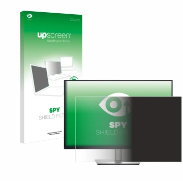 Parte frontal de un envase de producto con el logotipo de la marca upscreen. Al lado se muestra el dispositivo Dell Pro 24 Plu