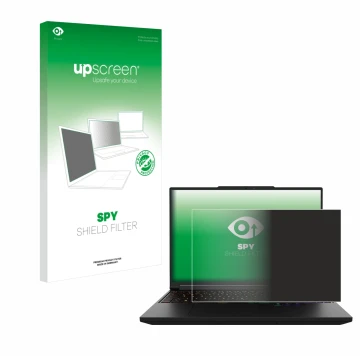 Parte frontal de un envase de producto con el logotipo de la marca upscreen. Al lado se muestra el dispositivo XMG Pro 16 con 