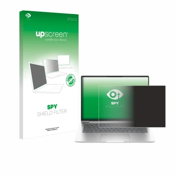 Parte frontal de un envase de producto con el logotipo de la marca upscreen. Al lado se muestra el dispositivo HP EliteBook 65