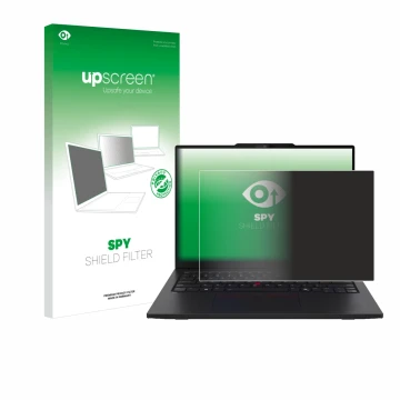 Parte frontal de un envase de producto con el logotipo de la marca upscreen. Al lado se muestra el dispositivo Lenovo ThinkPad