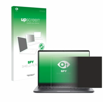 Parte frontal de un envase de producto con el logotipo de la marca upscreen. Al lado se muestra el dispositivo Dell Pro 14 con