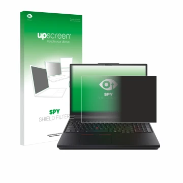 Parte frontal de un envase de producto con el logotipo de la marca upscreen. Al lado se muestra el dispositivo Lenovo ThinkPad