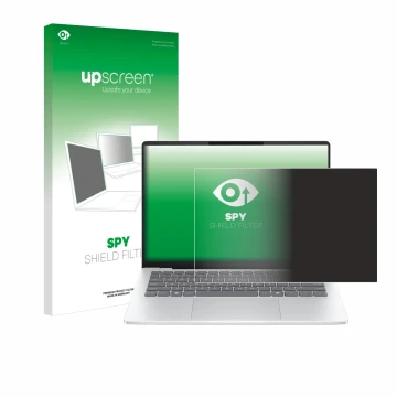 Parte frontal de un envase de producto con el logotipo de la marca upscreen. Al lado se muestra el dispositivo HP OmniBook 5 1
