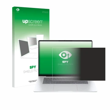 Parte frontal de un envase de producto con el logotipo de la marca upscreen. Al lado se muestra el dispositivo HP OmniBook 5 1