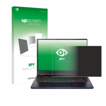 Parte frontal de un envase de producto con el logotipo de la marca upscreen. Al lado se muestra el dispositivo Acer Predator H