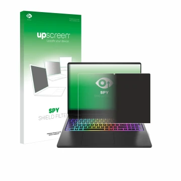 Parte frontal de un envase de producto con el logotipo de la marca upscreen. Al lado se muestra el dispositivo HP Omen Max 16 