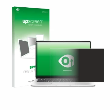 Parte frontal de un envase de producto con el logotipo de la marca upscreen. Al lado se muestra el dispositivo Dell Pro 14 Pre
