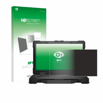 Parte frontal de un envase de producto con el logotipo de la marca upscreen. Al lado se muestra el dispositivo Dell Pro Rugged