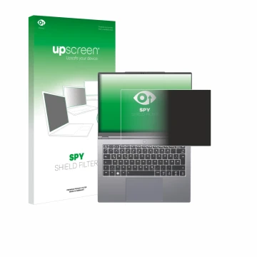 Parte frontal de un envase de producto con el logotipo de la marca upscreen. Al lado se muestra el dispositivo Tuxedo Infinity