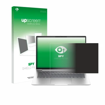Parte frontal de un envase de producto con el logotipo de la marca upscreen. Al lado se muestra el dispositivo HP ProBook 4 G1