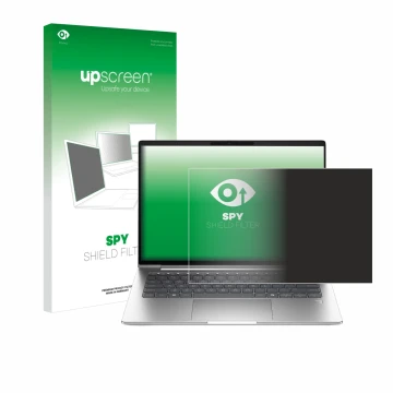Parte frontal de un envase de producto con el logotipo de la marca upscreen. Al lado se muestra el dispositivo HP ProBook 4 G1