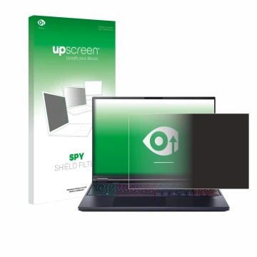 Parte frontal de un envase de producto con el logotipo de la marca upscreen. Al lado se muestra el dispositivo Acer Predator H