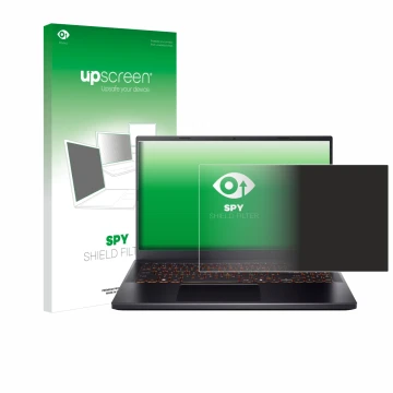 Parte frontal de un envase de producto con el logotipo de la marca upscreen. Al lado se muestra el dispositivo Acer Nitro V 15
