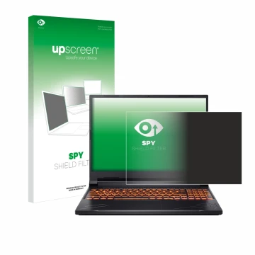 Parte frontal de un envase de producto con el logotipo de la marca upscreen. Al lado se muestra el dispositivo Acer Nitro V 16