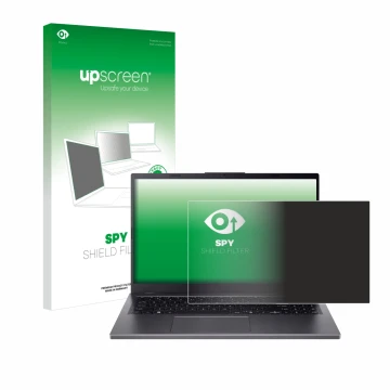 Parte frontal de un envase de producto con el logotipo de la marca upscreen. Al lado se muestra el dispositivo Acer Aspire 15 