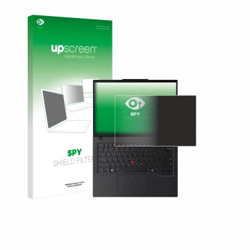 Parte frontal de un envase de producto con el logotipo de la marca upscreen. Al lado se muestra el dispositivo Lenovo ThinkPad