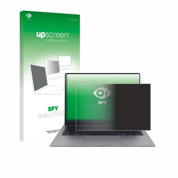 Parte frontal de un envase de producto con el logotipo de la marca upscreen. Al lado se muestra el dispositivo Honor MagicBook