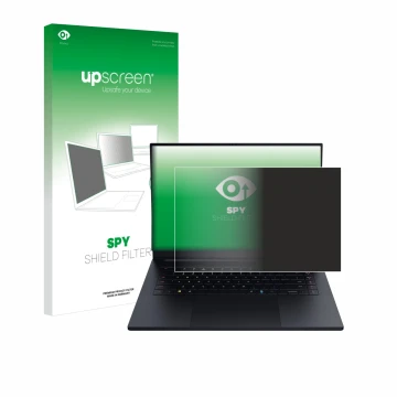 Parte frontal de un envase de producto con el logotipo de la marca upscreen. Al lado se muestra el dispositivo Razer Blade 16 