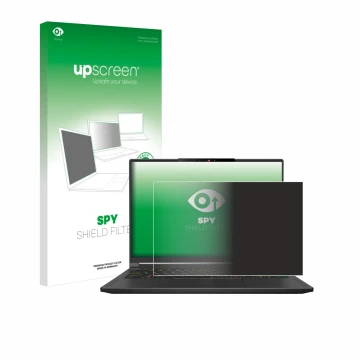 Parte frontal de un envase de producto con el logotipo de la marca upscreen. Al lado se muestra el dispositivo MSI Stealth A16