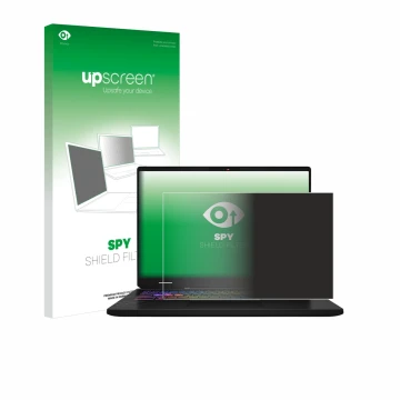 Parte frontal de un envase de producto con el logotipo de la marca upscreen. Al lado se muestra el dispositivo MSI Vector 16 H