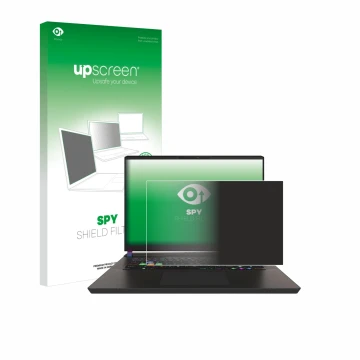 Parte frontal de un envase de producto con el logotipo de la marca upscreen. Al lado se muestra el dispositivo MSI Vector 17 H