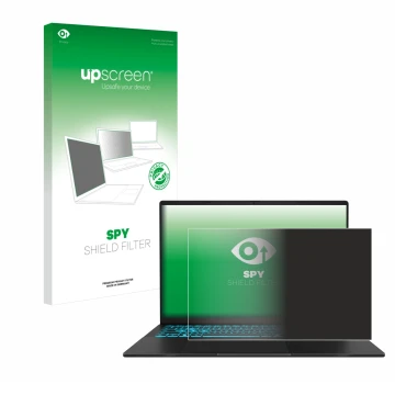 Parte frontal de un envase de producto con el logotipo de la marca upscreen. Al lado se muestra el dispositivo ASUS V16 V3607 
