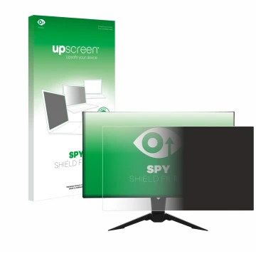 Parte frontal de un envase de producto con el logotipo de la marca upscreen. Al lado se muestra el dispositivo ASRock PGO32UFS