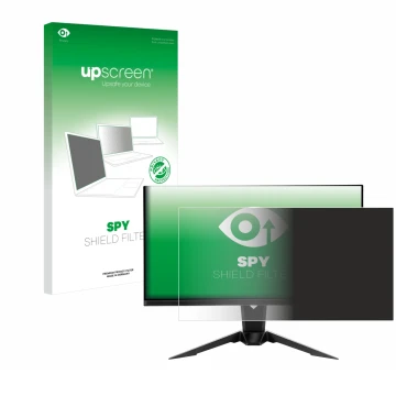 Parte frontal de un envase de producto con el logotipo de la marca upscreen. Al lado se muestra el dispositivo ASRock PGO27QFV