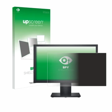 Parte frontal de un envase de producto con el logotipo de la marca upscreen. Al lado se muestra el dispositivo Dell E1920H con