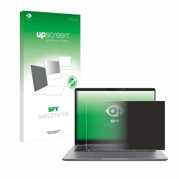 Parte frontal de un envase de producto con el logotipo de la marca upscreen. Al lado se muestra el dispositivo ASUS ExpertBook